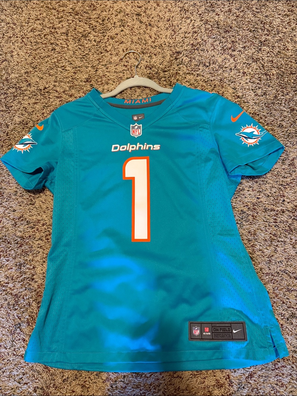 Nike Teal Dolphins #1 Jersey with Orange Accents